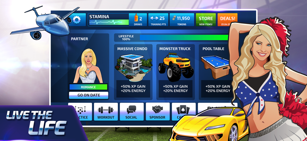 Schermata di simulazione dello stile di vita di All Star Quarterback 25 con articoli di lusso e opzioni di appuntamenti