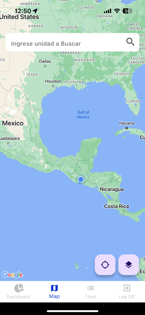 Webtrack Tracker Mobile App Kartenoberfläche, die Echtzeit-Einheitenverfolgung und Suchfunktion anzeigt