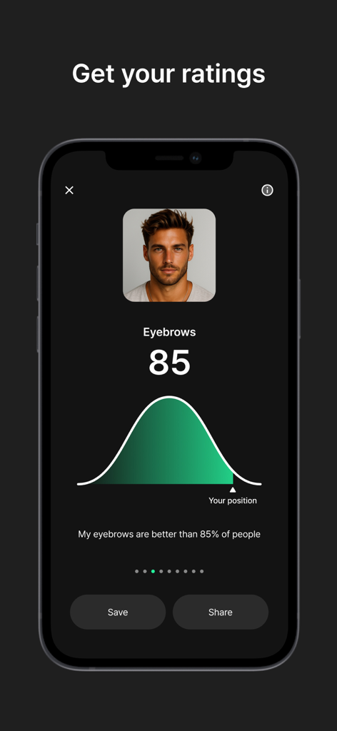 Face Card Looksmaxing - Una pantalla de smartphone de la aplicación Face Card Looksmaxing que muestra una puntuación de cejas generada por IA de 85 con un gráfico de comparación de percentiles.
