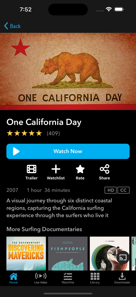 Surfing documentary detail screen for One California Day on TheSurfNetwork app