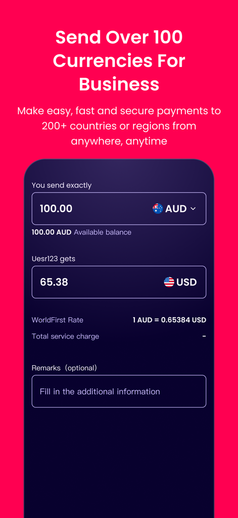 WorldFirst - WorldFirstモバイルアプリのインターフェース。AUDからUSDへのビジネス通貨送金が表示されています。