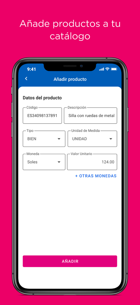 Emprender SUNAT - Interfaz de la aplicación móvil Emprender SUNAT para agregar un producto al catálogo con valor unitario y detalles fiscales