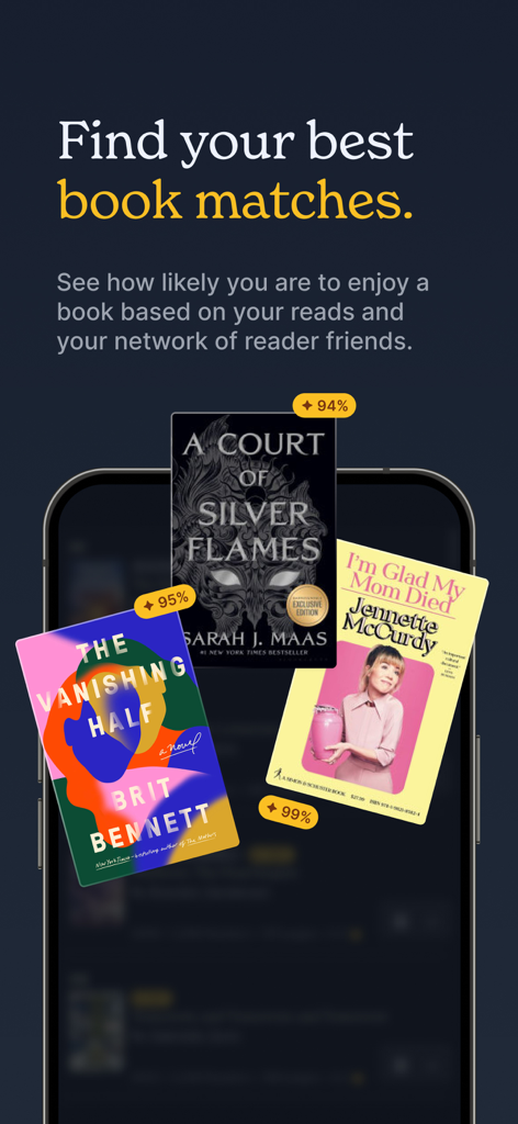 Hardcover.app - Teléfono inteligente que muestra recomendaciones de libros con porcentajes de compatibilidad en la aplicación Hardcover.