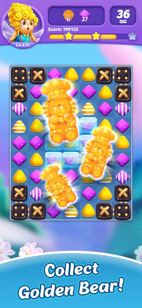 Candy Charming-Match 3 Game - Pantalla de juego de Candy Charming que muestra un puzle de match 3 con ositos de gominola dorados para recoger