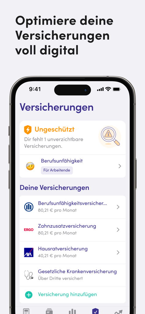 A smartphone screen displaying the insurance management feature of the Finanzguru app with a list of active policies and a protection status alert.