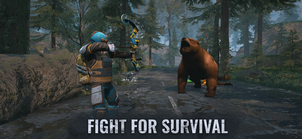 Days After: Zombie Survival - A survivor aiming a compound bow at a roaring bear in a forest