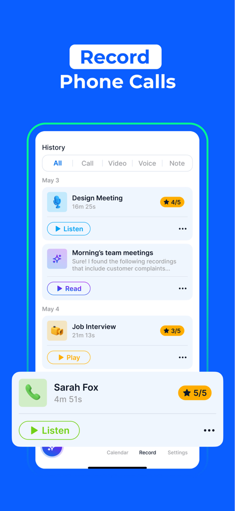 Uma interface de smartphone do aplicativo Flick AI Note Taker mostrando uma lista de chamadas telefônicas e reuniões gravadas com opções para ouvir ou ler transcrições