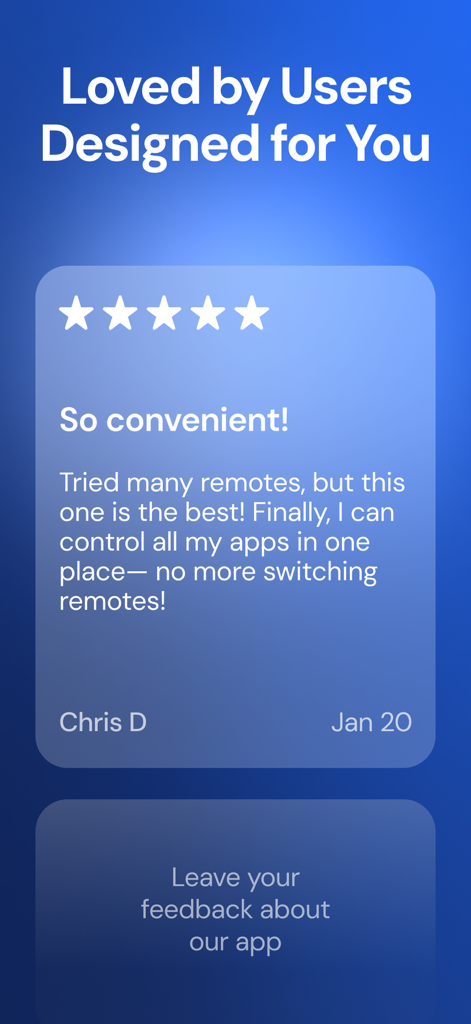 Universal Remote Control TV ・ - Una reseña de usuario de 5 estrellas para la app Control Remoto Universal para TV, destacando su conveniencia y facilidad de uso