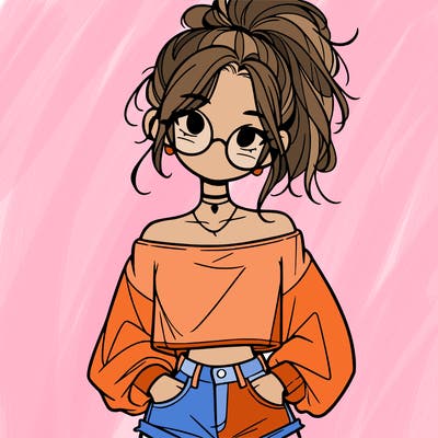 girl with a messy ponytail glasses a baggy crop top and jean shorts