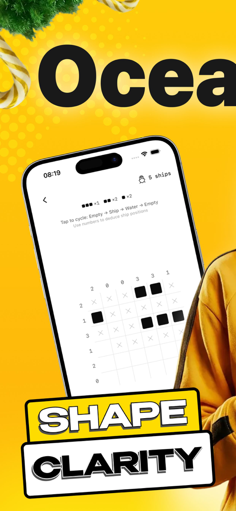 Pantalla de cuadrícula de acertijos de lógica minimalista de la aplicación Ocean Grid Deduction Silent, destacando la claridad de las formas en un iPhone