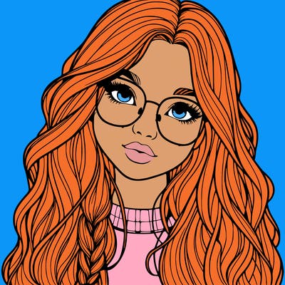 girl with long hair and freckles and glasses realistic