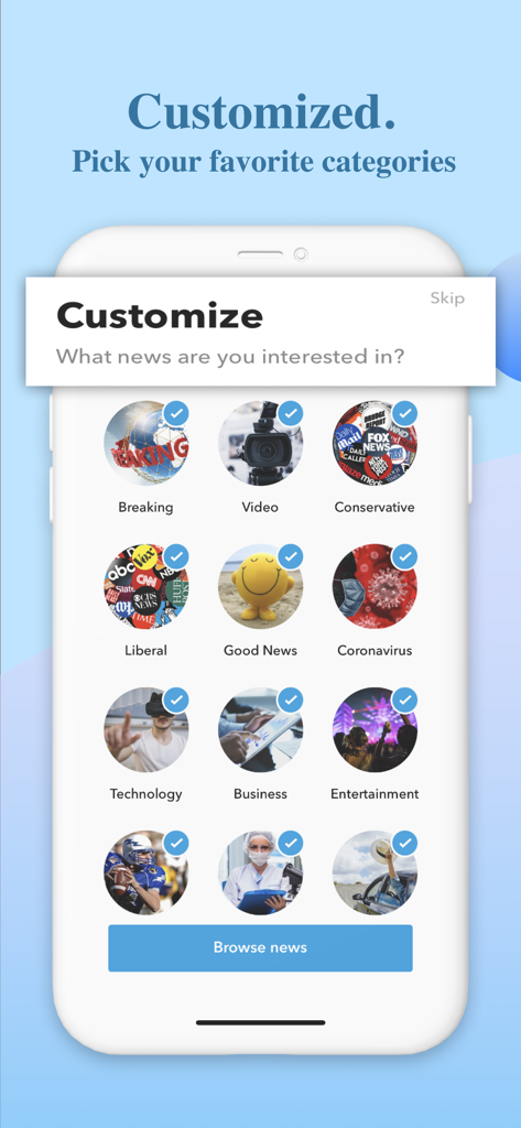 Oigetit app interface for selecting news interest categories such as technology business and breaking news.