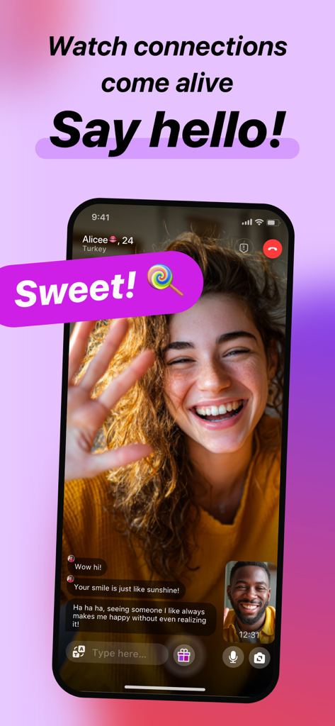 Fachat: Online Video Chat - Interface de l'application mobile Fachat montrant un appel vidéo en direct entre deux utilisateurs avec des messages de chat texte