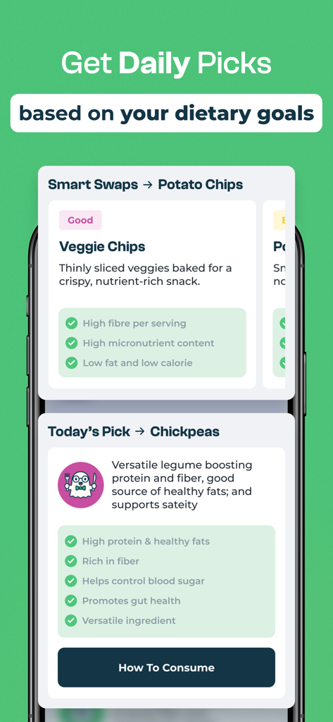 seefood - AI Food Scanner - Mobile app interface showing healthy food recommendations and smart swaps like veggie chips and chickpeas