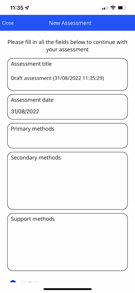 Onefile Eportfolio App - Interface of the Onefile Eportfolio app showing a new assessment form with fields for title date and evaluation methods