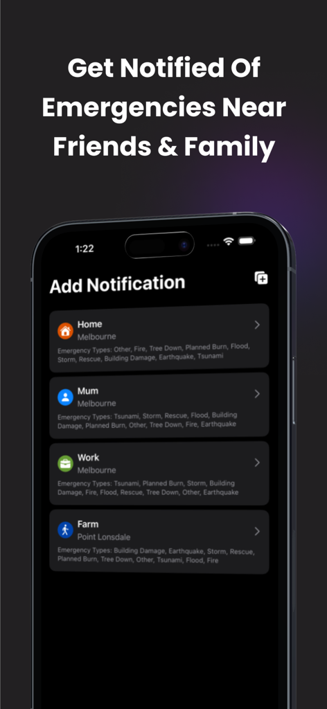 NSW Emergency: Incident Alerts - Pantalla de la aplicación móvil que muestra la función Agregar Notificación con ubicaciones personalizadas como Hogar, Mamá, Trabajo y Granja para recibir alertas de emergencia.