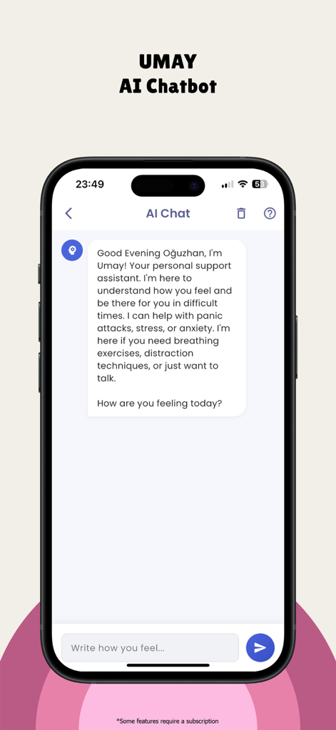 Captura de pantalla de smartphone de la interfaz del chatbot de IA de la aplicación Soolo llamado Umay, que ofrece apoyo de salud mental para ataques de pánico y estrés.