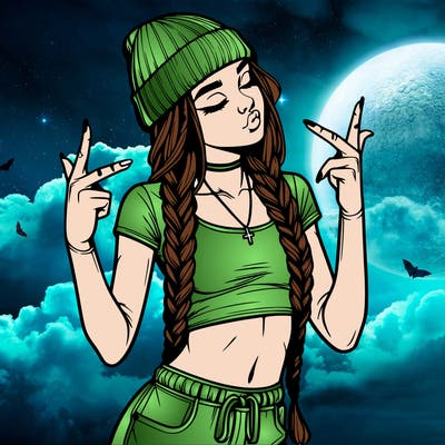 realistic teenage girl with braids and a beanie and crop top doing 🫶🏼