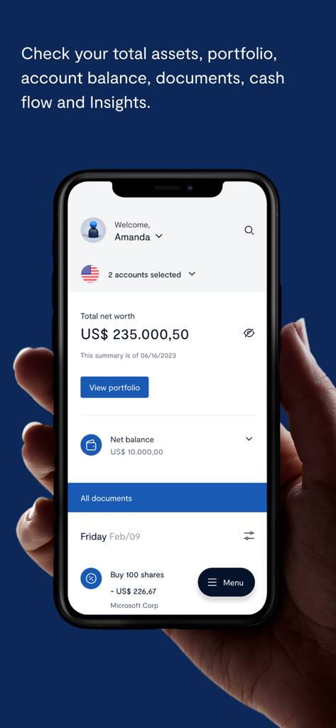 BTG Pactual Global - Dashboard do aplicativo BTG Pactual Global mostrando o patrimônio líquido e o resumo do portfólio para gestão de patrimônio internacional
