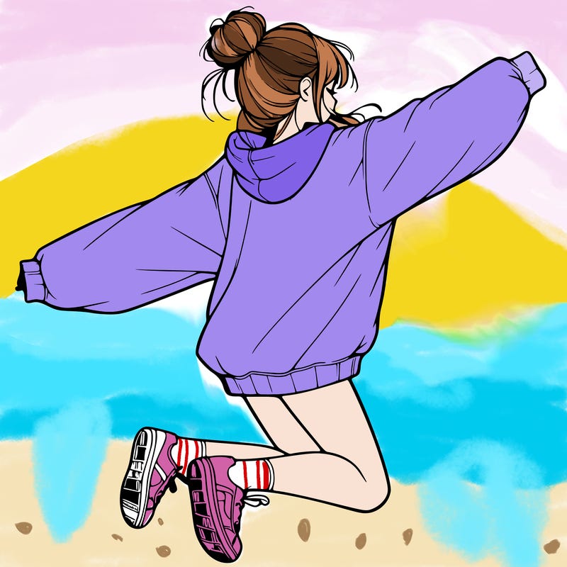 realistic girl jumping with a bun and oversized sweatshirt