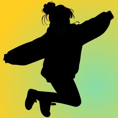 realistic girl jumping with a bun and oversized sweatshirt