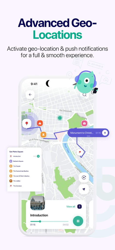 Vox City app interface showing an advanced geolocation map with a walking route and audio guide features
