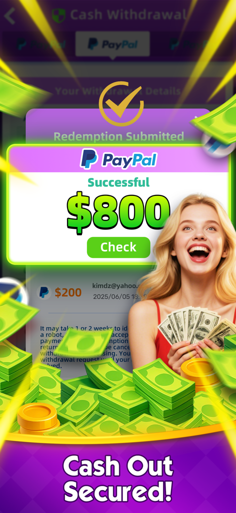Cash Carnival - Win Real Money - 행복한 여성이 현금을 들고 있는 캐시 카니발 앱에서 성공적인 800달러 페이팔 현금 인출 화면