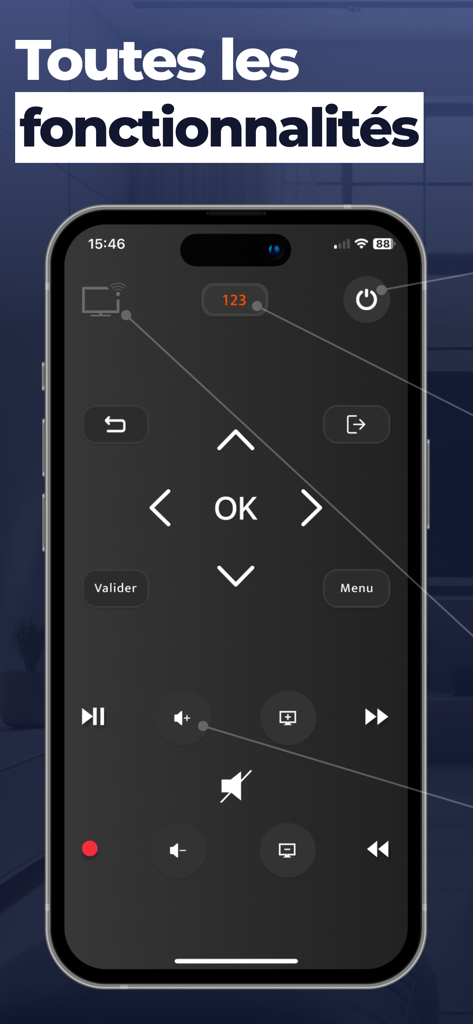 TélécBox : télécommande box tv - iPhone screen showing a digital TV remote control interface with navigation and volume buttons