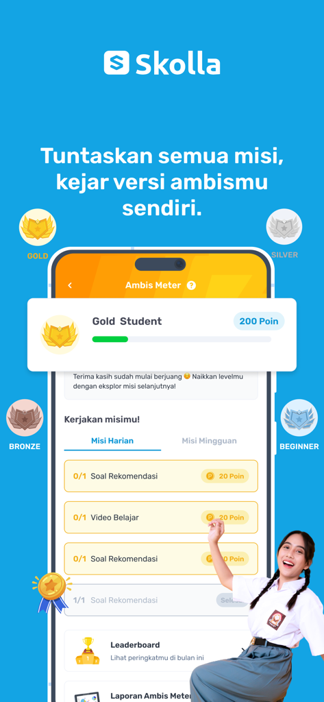 Tela do aplicativo Skolla mostrando o recurso Medidor Ambis com uma classificação de Aluno de Ouro e missões de aprendizado diárias.