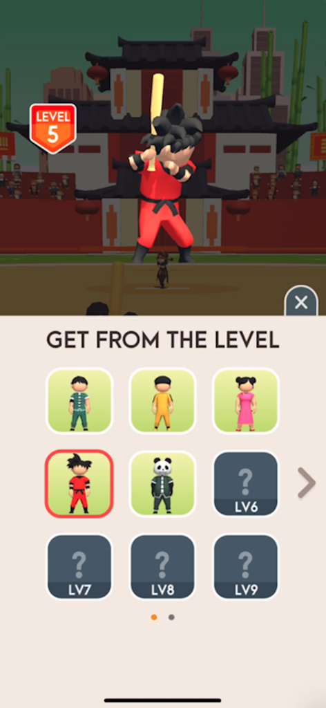 Kung Fu Ball! - BaseBall Game - Character selection menu in Kung Fu Ball showing unlocked martial arts skins and locked level rewards