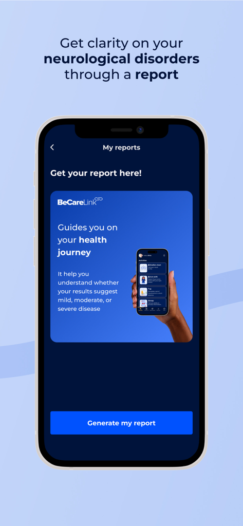 Oberfläche der BeCare Neuro App, die den Bildschirm zur Erstellung eines Berichts über die neurologische Gesundheit anzeigt.
