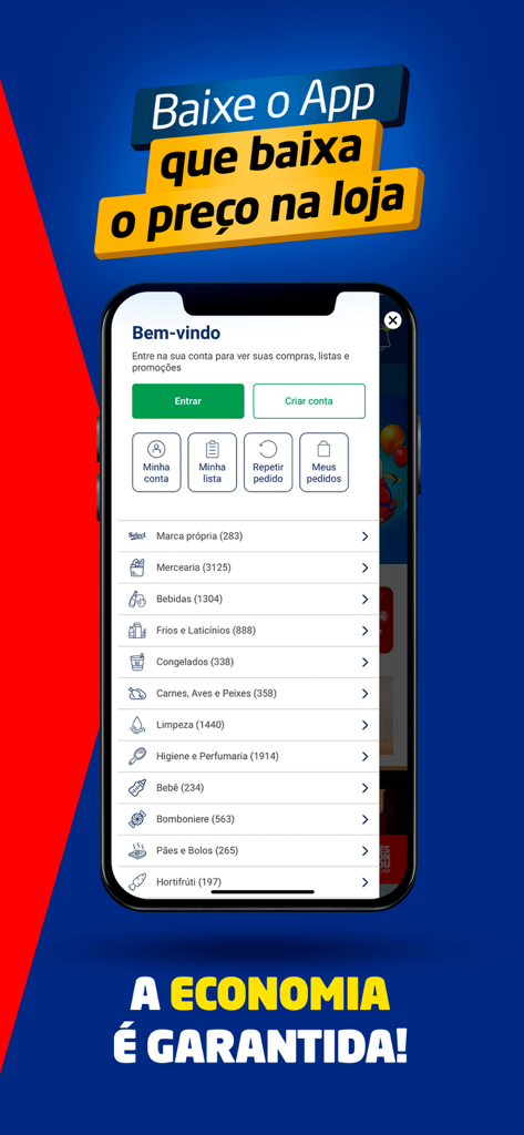 Tenda Atacado - Tenda Atacado app welcome screen displaying grocery shopping categories and promotional text about guaranteed savings