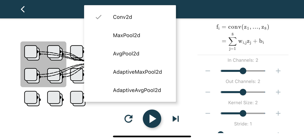 Visual interface for configuring 2D convolution layer parameters in the Neural Network app.