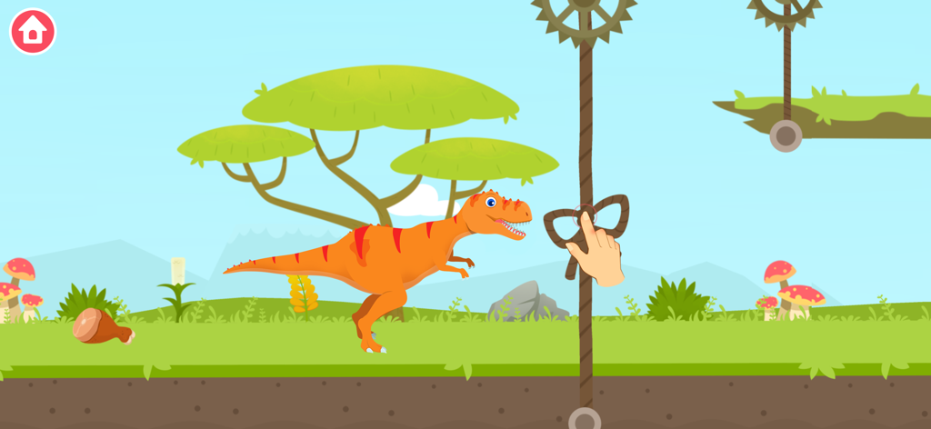 Un dinosaure orange de dessin animé se tenant dans un paysage verdoyant avec un mécanisme de corde interactif.