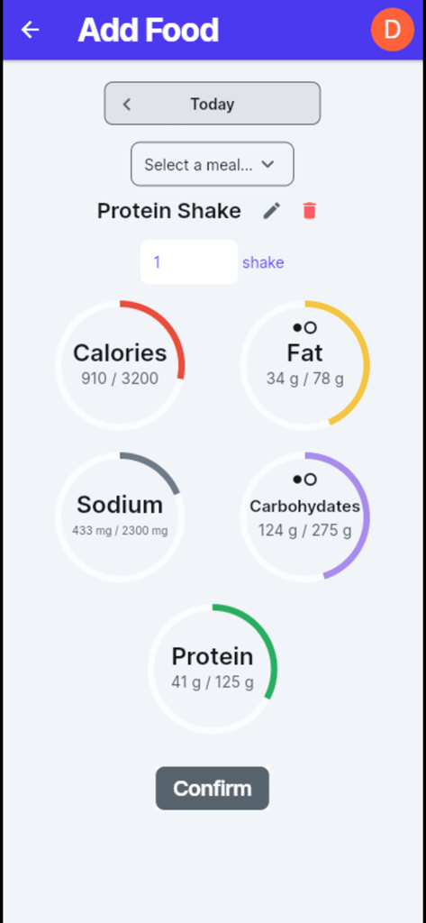 HydroMeal - Interfaz de la aplicación HydroMeal que muestra el desglose nutricional y las barras de progreso para un registro de comida de batido de proteínas