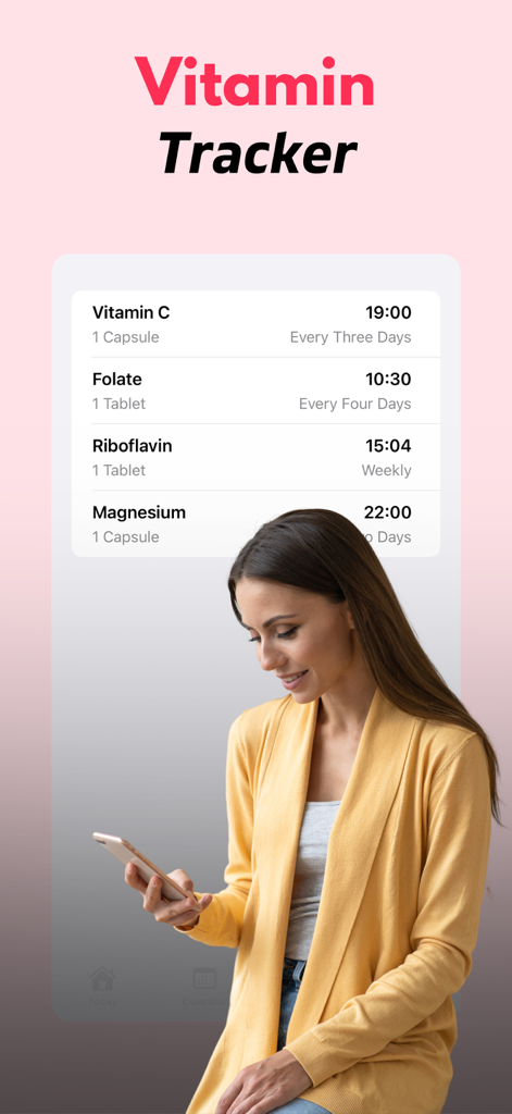 Vitamin Tracker Reminder VitUp - Eine Frau verwaltet ihren Vitamin- und Nahrungsergänzungsmittel-Einnahmeplan mit der VitUp-App.