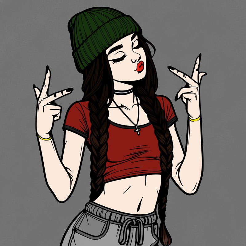 realistic teenage girl with braids and a beanie and crop top doing 🫶🏼