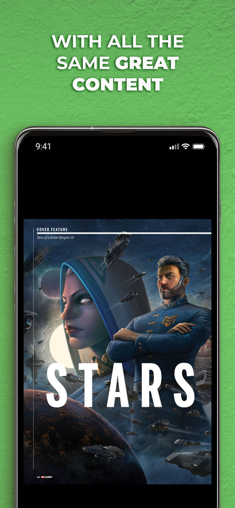Smartphone screen displaying PC Gamer UK magazine with a Sins of a Solar Empire 2 cover feature