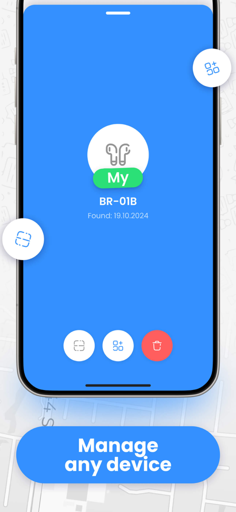 紛失したBluetoothイヤホンのデバイス管理インターフェースを表示するスマートフォンの画面