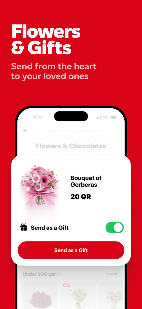 Snoonu mobile app screen showing flower and gift delivery options in Qatar with a bouquet of gerberas