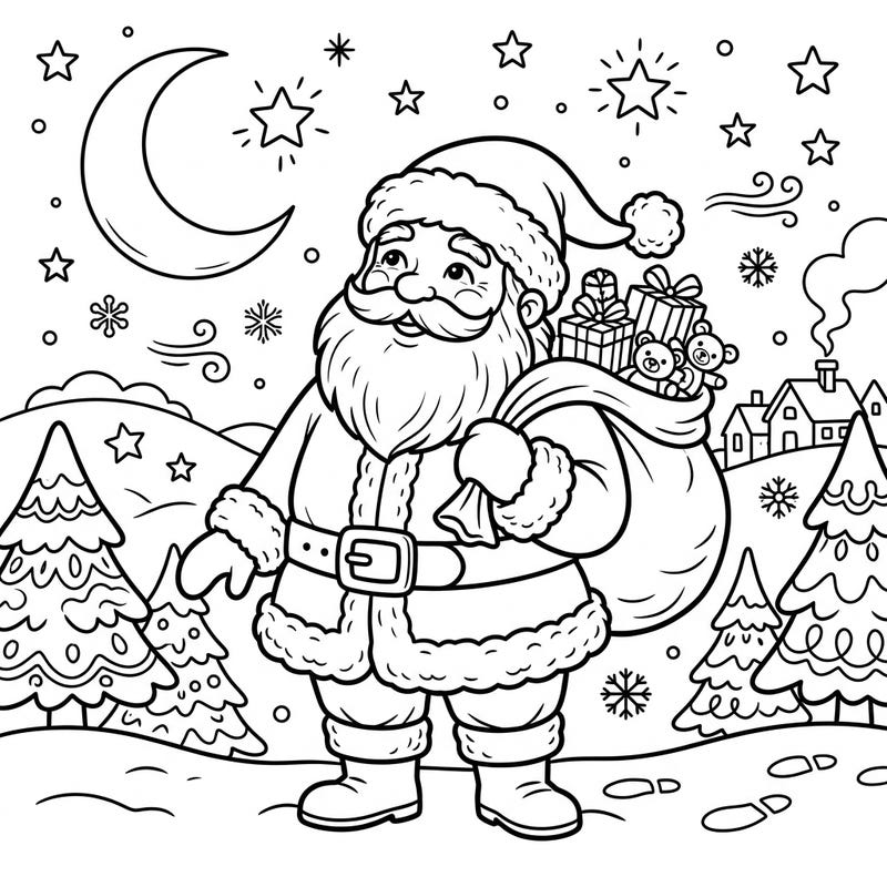 Embark on a joyful coloring adventure with Santa Claus as he makes his special deliveries on a silent, snowy night. This enchanting scene captures the magic of Christmas Eve with sparkling stars and a gentle moon overhead.