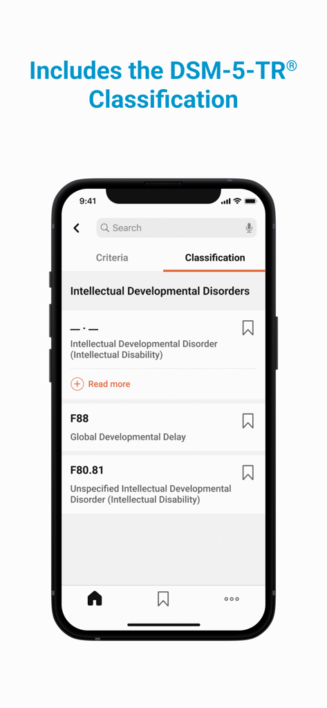 Pantalla de clasificación de la aplicación DSM-5-TR mostrando trastornos del desarrollo intelectual y códigos de diagnóstico