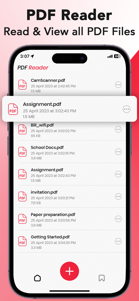 A list of PDF documents including assignments and school files on the PDF Reader app.