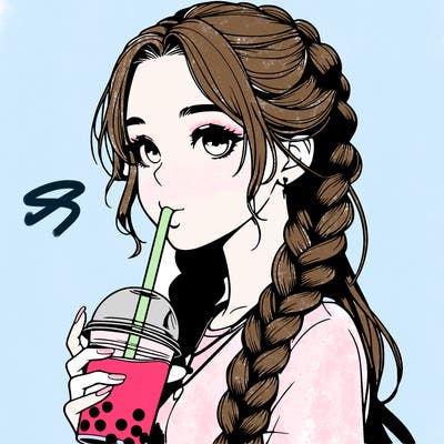 realistic girl with braided hair drinking boba