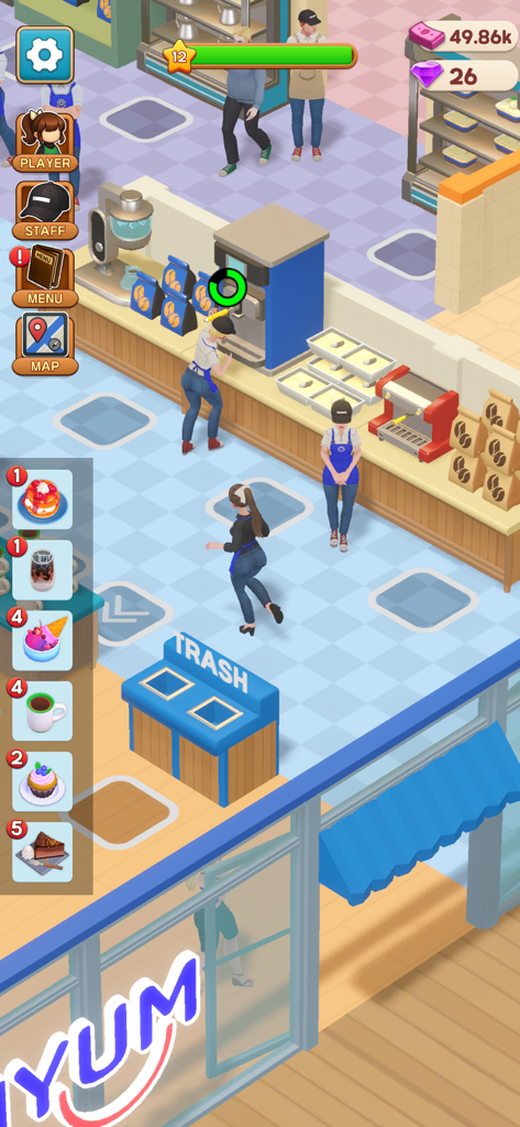 Gameplay screenshot of Cafe Life Coffee Mania showing staff serving customers in a coffee shop simulation