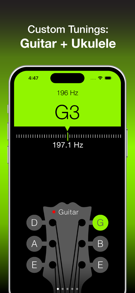 Guitar Tuner & Tone Generator - Captura de pantalla de un smartphone mostrando la interfaz de una aplicación de afinador de guitarra con un medidor de afinación y un gráfico de clavijero de guitarra
