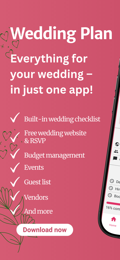 Schermata promozionale dell'app Wedding Plan che elenca funzionalità come una checklist nuziale, un creatore di siti web e la gestione del budget.