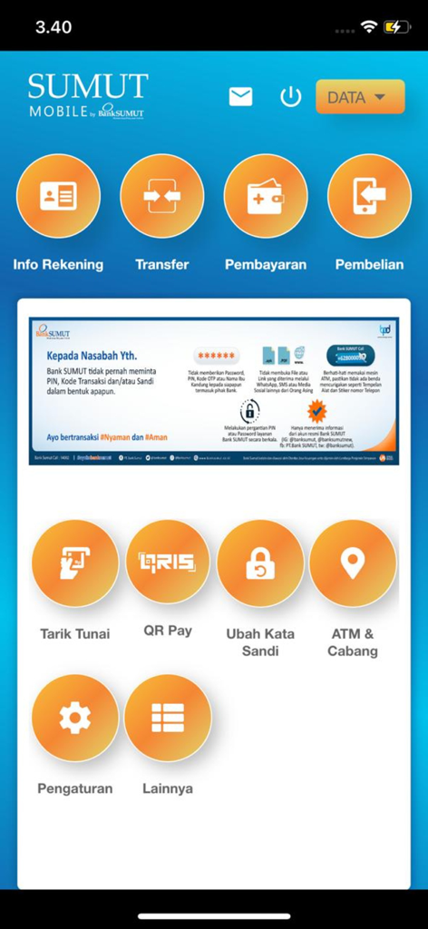 Main menu of SUMUT Mobile app featuring banking options like account info, fund transfers, and bill payments.