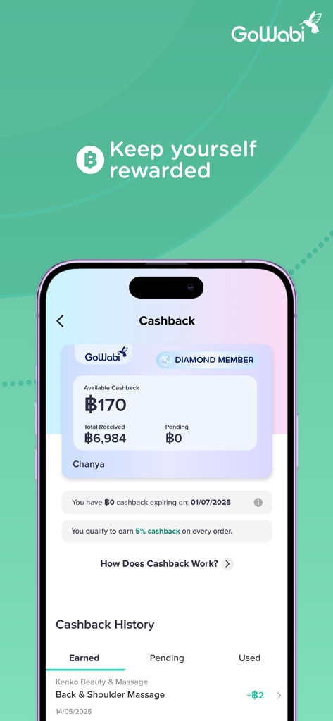 GoWabi app interface displaying cashback balance and diamond member rewards status