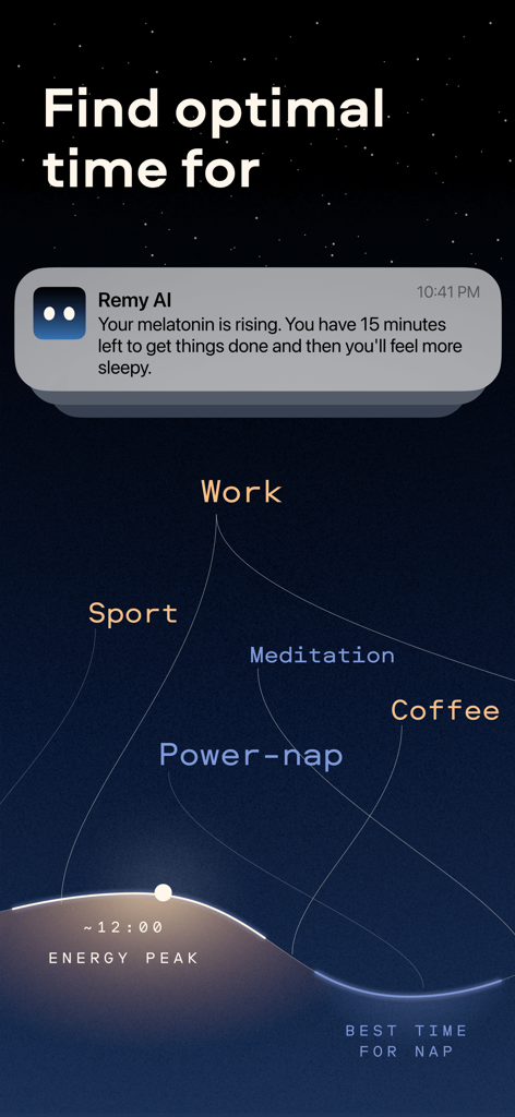 Remy AI app interface showing a schedule for work sport and coffee based on circadian rhythm energy peaks and melatonin levels